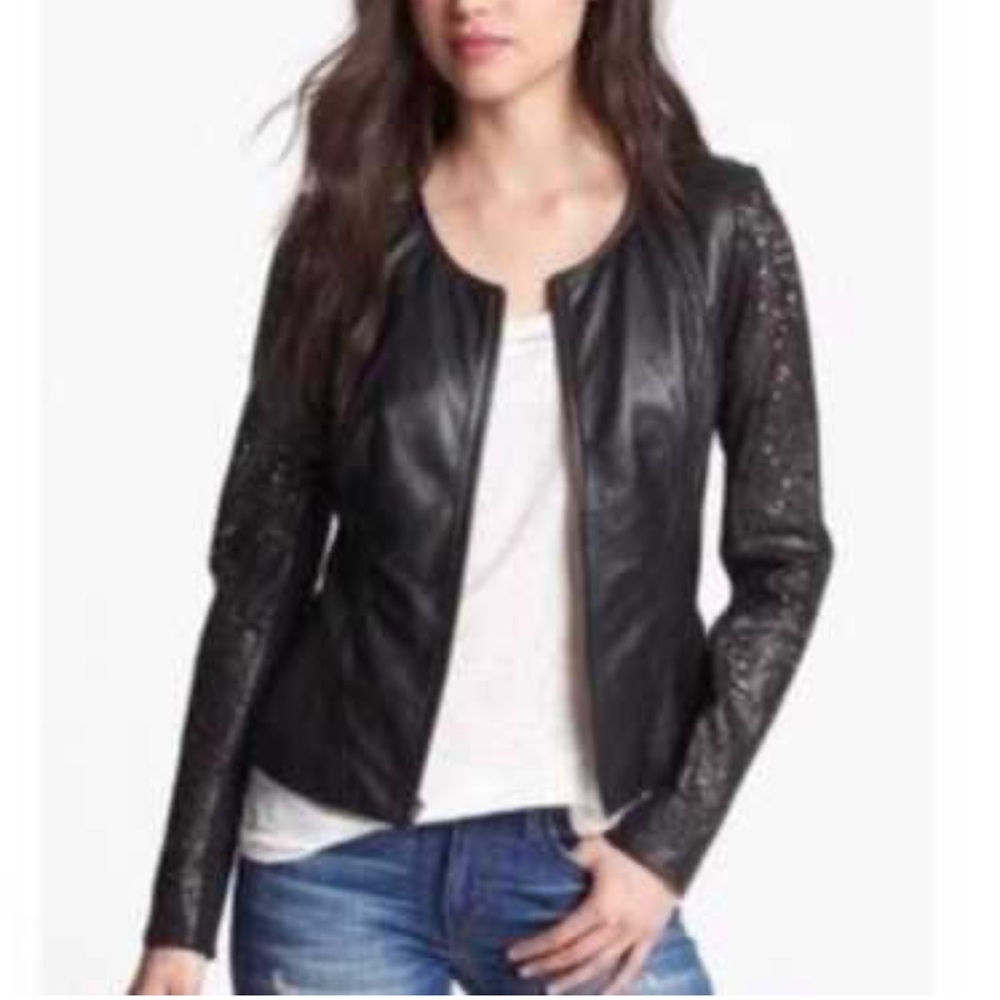 HINGE Seattle Black 💯 Leather Moto Jacket Cut Out Sleeve Women size Medium